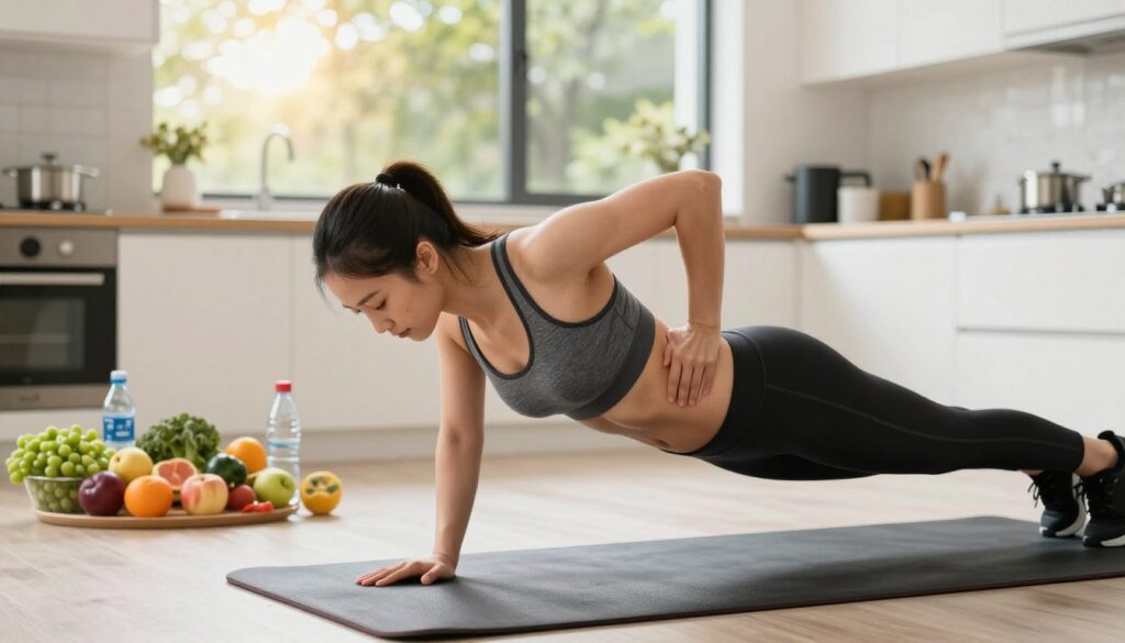 A dynamic and vibrant portrayal of a healthy and fit person engaging in a fitness routine to burn stomach fat. In the foreground, a fit individual, dressed in professional athletic wear, demonstrates an exercise like planking or crunches, emphasizing core activation. The middle ground features a well-lit kitchen scene with nutritious foods like fruits, vegetables, and water bottles, highlighting the importance of diet along with exercise. The background showcases a sunny park or gym environment with blurred trees or exercise equipment, symbolizing an active lifestyle. The lighting is bright and natural, creating an uplifting and motivating mood. The overall atmosphere should inspire viewers to adopt healthy habits for effective belly fat loss. The image should have a touch of professionalism, reminiscent of Vortiq Sport's advanced sports imagery style. A dynamic and vibrant portrayal of a healthy and fit person engaging in a fitness routine to burn stomach fat. In the foreground, a fit individual, dressed in professional athletic wear, demonstrates an exercise like planking or crunches, emphasizing core activation. The middle ground features a well-lit kitchen scene with nutritious foods like fruits, vegetables, and water bottles, highlighting the importance of diet along with exercise. The background showcases a sunny park or gym environment with blurred trees or exercise equipment, symbolizing an active lifestyle. The lighting is bright and natural, creating an uplifting and motivating mood. The overall atmosphere should inspire viewers to adopt healthy habits for effective belly fat loss. The image should have a touch of professionalism, reminiscent of Vortiq Sport's advanced sports imagery style.