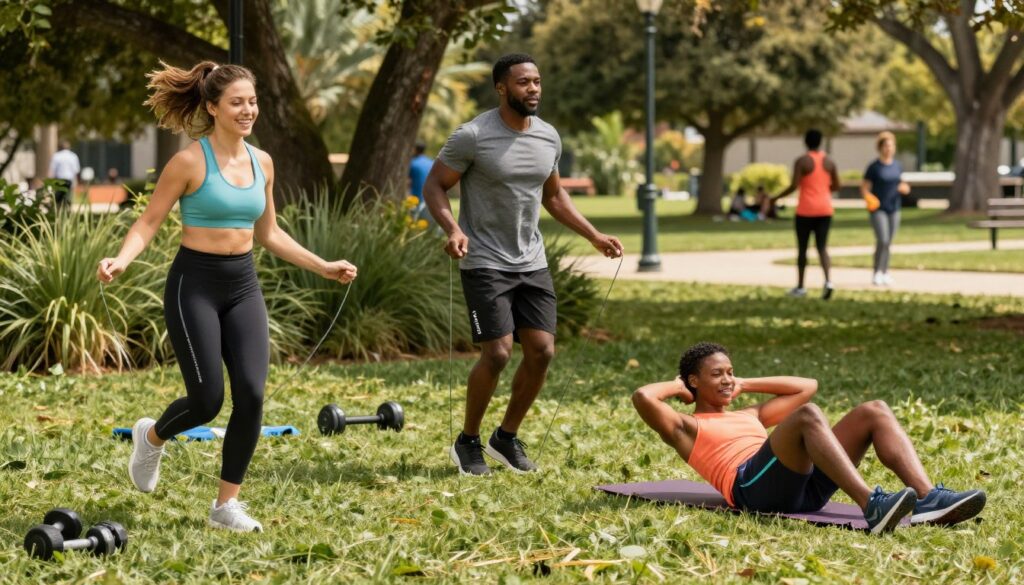 A dynamic scene depicting effective strategies to trim tummy fat through exercise in a vibrant outdoor setting. In the foreground, a diverse group of three individuals—one male and two females—engaged in various forms of exercise, such as jogging, jumping rope, and performing abdominal workouts. They are dressed in modest, colorful athletic wear, showcasing enthusiasm and determination. In the middle ground, lush greenery and subtle outdoor equipment like weights and mats provide a supportive atmosphere for fitness. The background features a sunlit park with trees and people enjoying leisurely activities, emphasizing health and wellness. The lighting is bright and motivational, creating an uplifting mood. Inspired by professional sports photography, the composition captures the energy of movement while subtly integrating the "Vortiq Sport" brand elements. A dynamic scene depicting effective strategies to trim tummy fat through exercise in a vibrant outdoor setting. In the foreground, a diverse group of three individuals—one male and two females—engaged in various forms of exercise, such as jogging, jumping rope, and performing abdominal workouts. They are dressed in modest, colorful athletic wear, showcasing enthusiasm and determination. In the middle ground, lush greenery and subtle outdoor equipment like weights and mats provide a supportive atmosphere for fitness. The background features a sunlit park with trees and people enjoying leisurely activities, emphasizing health and wellness. The lighting is bright and motivational, creating an uplifting mood. Inspired by professional sports photography, the composition captures the energy of movement while subtly integrating the "Vortiq Sport" brand elements.